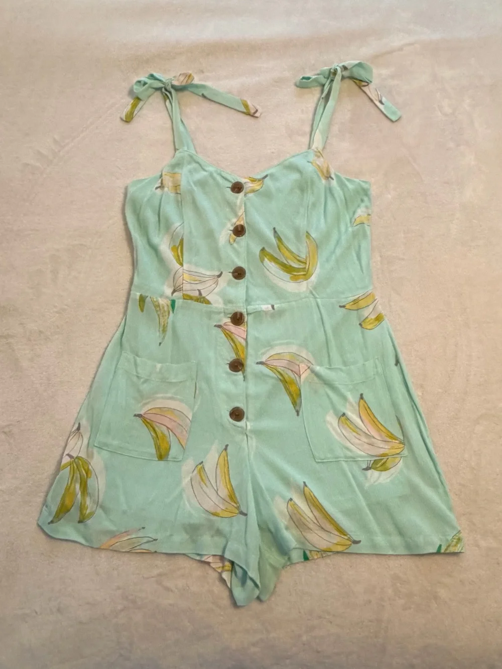 Mint Banana-Print Tie-Strap Romper